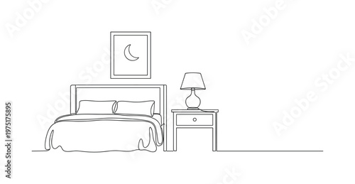 Bedtime Routine Idea. Minimalistic one-line drawing bedside table with lamp and crescent moon visible through simple window, continuous single black line on