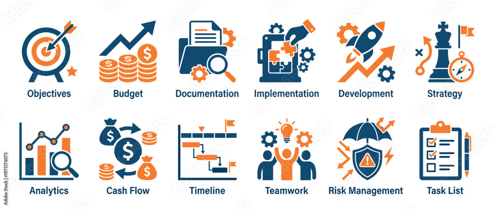 Fototapeta premium Business and project management icons set illustrating key concepts like objectives, budget, strategy, and teamwork for corporate success.