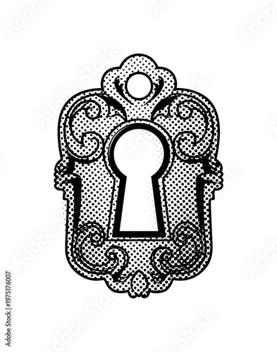 A classic engraved keyhole illustration with refined ornamental detailing and balanced proportions, centered as a solitary object, black and white halftone
