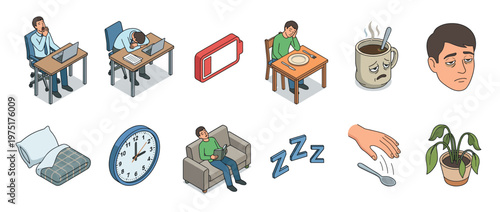 Tiredness and fatigue symptoms collection with various isometric illustrations depicting exhaustion, sleep deprivation, and low energy levels.