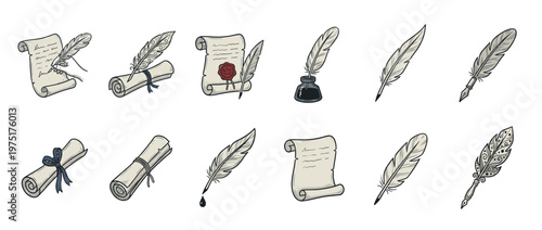 Vintage writing scrolls and quill pens with inkwell and parchment documents, hand-drawn in a retro style for historical communication.