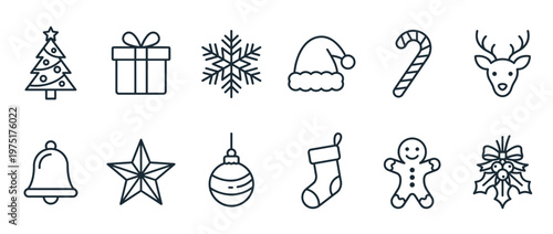 Christmas holiday icons set featuring festive symbols like a decorated tree, gift box, snowflake, Santa hat, candy cane, reindeer, bell, star, ornament, stocking, gingerbread man, and holly.