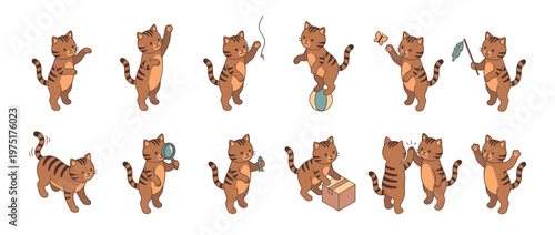 Cute cartoon cats performing various playful activities and poses, showcasing their adorable and mischievous nature in a charming illustration.