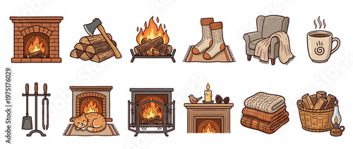Cozy fireplace and warm winter essentials collection featuring various comfort objects, home decor, and seasonal elements.