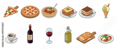Italian food and drink collection showcasing popular dishes and beverages in a charming isometric illustration style.