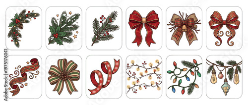 Christmas decorations collection featuring festive bows, ribbons, pine branches, holly, berries, and string lights, perfect for holiday designs.