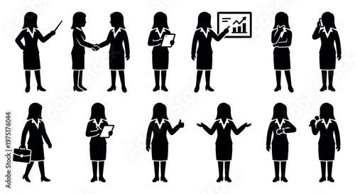 Businesswomen silhouettes performing various professional actions and gestures, representing different aspects of corporate communication and work.