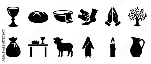 Collection of Christian and biblical symbols depicted as black silhouette icons, representing various religious concepts and stories.