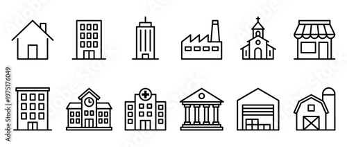 Building structure architecture outline icon set featuring various residential, commercial, and public establishments for web and app design.