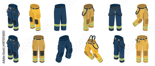 Isometric set of firefighter pants, including blue and yellow protective gear with reflective stripes and suspenders.