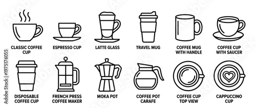 Collection of various coffee cups, mugs, glasses, and coffee makers presented as black line art icons on a clean surface.