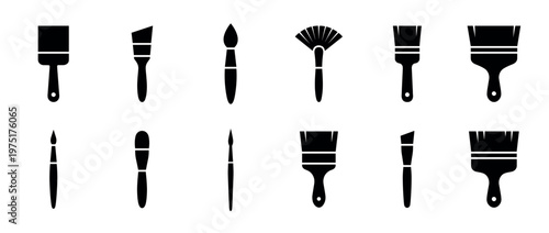 Collection of various paint and makeup brushes in black silhouette icons, representing art, creativity, and beauty tools.