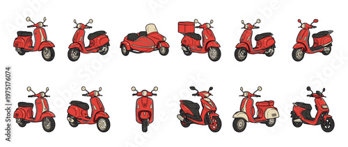 Collection of red scooters and a scooter with sidecar in a classic hand-drawn cartoon style, perfect for transportation and delivery concepts.