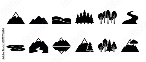 Nature landscape icons collection featuring mountains, trees, hills, rivers, and lakes in a simple black silhouette style.