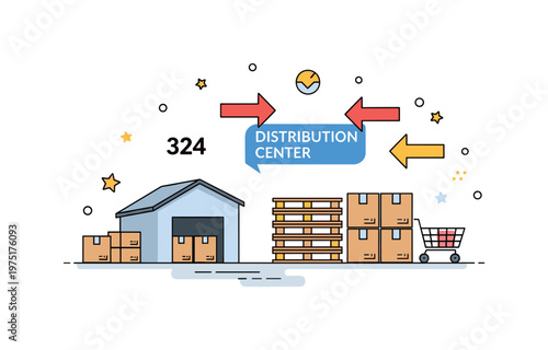 Distribution center concept featuring a warehouse, stacked pallets, and directional arrows expressing organized storage and efficient movement of goods.