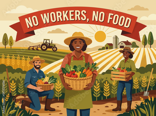 Diverse farmers proudly presenting bountiful harvests against a backdrop of agricultural labor and