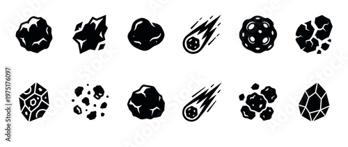 Asteroids meteors and space rocks icon set featuring various celestial bodies, cosmic elements, and mineral formations in a simple black and white vector style.