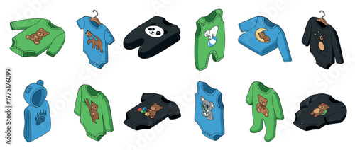 Collection of adorable baby bodysuits and rompers featuring various bear-themed cartoon designs for infants and toddlers