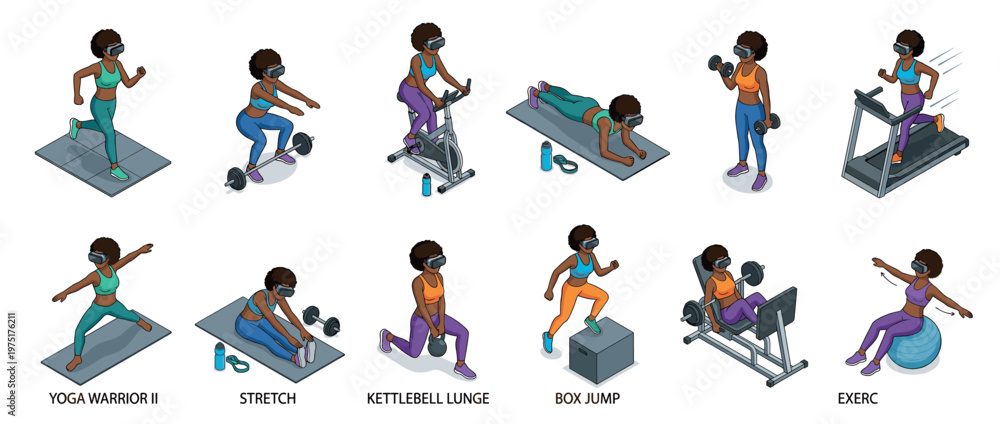 Fototapeta premium Woman VR fitness workout set showing various exercises in virtual reality for health, wellness, and digital training.