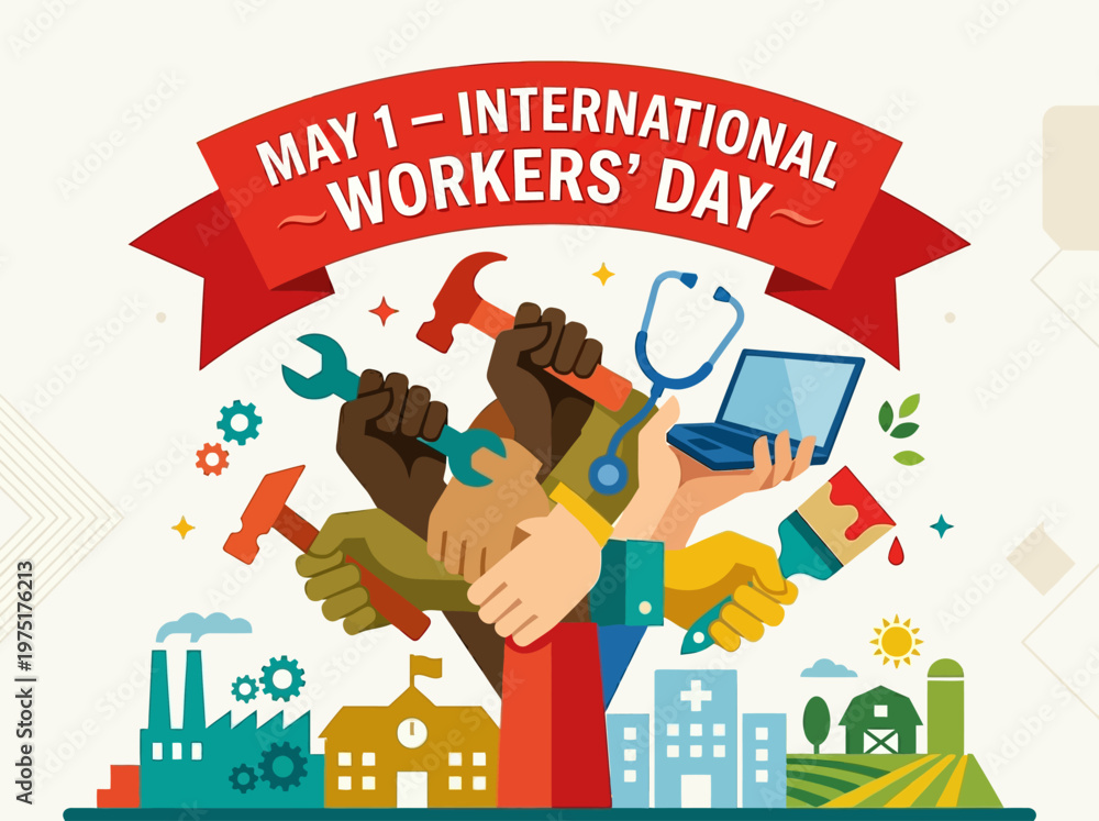 Fototapeta premium International Workers Day Celebration with Diverse Tools and Symbols of Labor