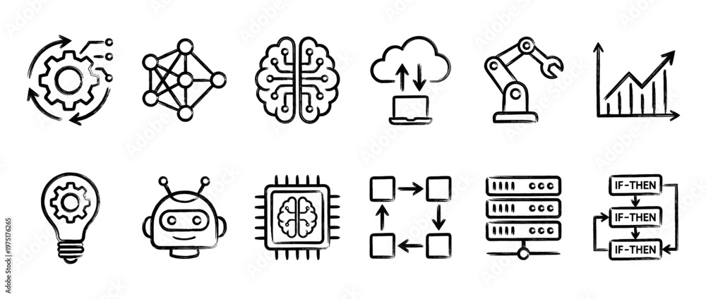 Fototapeta premium Artificial intelligence, machine learning, and automation technology icons set in a modern brush stroke style for digital concepts.