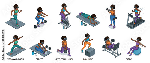 Woman VR fitness workout set showing various exercises in virtual reality for health, wellness, and digital training.