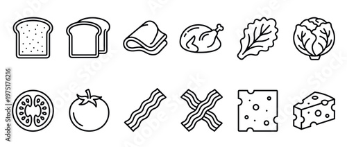 Sandwich ingredients icons set featuring various food items like bread, meat, vegetables, and cheese in a clean line art style.