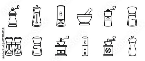Spice grinders shakers coffee mortar pestle and other kitchen tools for seasoning and preparing food ingredients in a line art icon set.