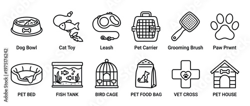 Collection of outline icons representing various pet supplies and animal care accessories for domestic pets.