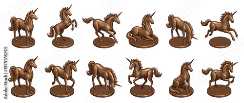 Bronze unicorn statues in various dynamic poses, showcasing intricate details and mythical elegance, perfect for fantasy themes.