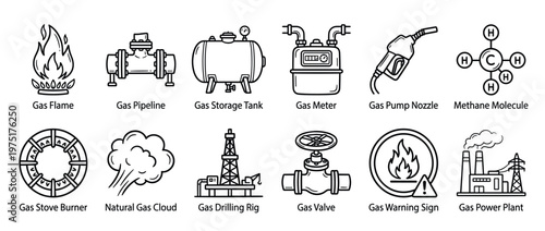 Natural gas industry icons, including flame, pipeline, storage tank, meter, pump nozzle, methane molecule, stove burner, cloud, drilling rig, valve, warning sign, and power plant.