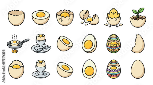 Eggs in various forms, from cracked shells and boiled halves to a hatching chick and decorated Easter designs, illustrating their diverse uses and life stages.