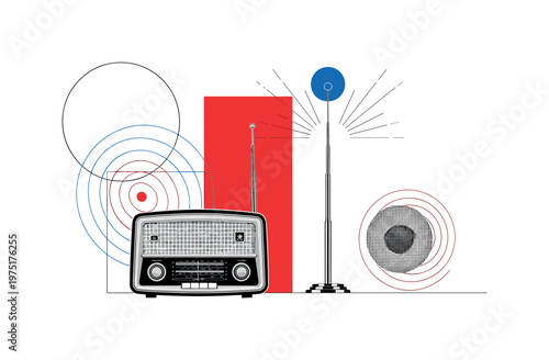 retro broadcast system with radio and antenna, black and white vintage devices cut-out with white outline, concentric signal waves and thin lines radiating