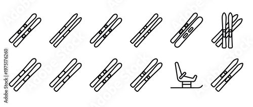 Skiing equipment and winter sports icons set featuring various ski designs and a sled, perfect for seasonal activities.