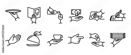 Restaurant service and hospitality line icons set depicting various actions like serving food, taking orders, and handling payments for web and print.