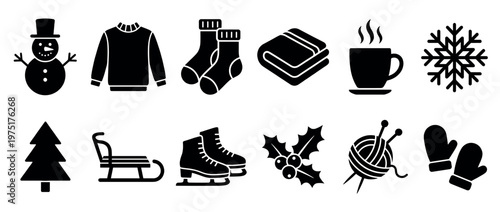 Winter icons collection featuring a snowman, sweater, socks, hot drink, snowflake, Christmas tree, sled, ice skates, holly, yarn, and mittens.
