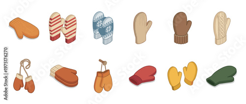 Collection of various colorful knitted mittens and warm winter gloves for cold weather protection and cozy hand comfort