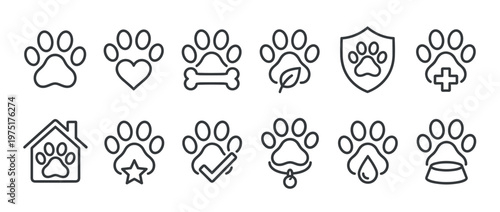 Paw prints pet icons collection featuring various animal care and love symbols in a line art style.
