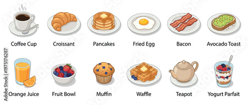 Delicious assortment of popular breakfast foods and beverages, including coffee, pancakes, eggs, bacon, and fruit, presented as a vibrant cartoon illustration.