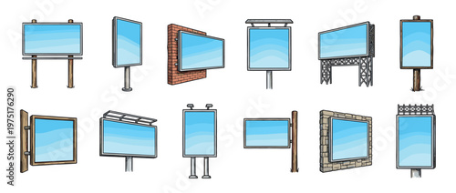 Collection of various blank billboards and advertising signs in a hand-drawn cartoon style, ready for custom messages and promotions.