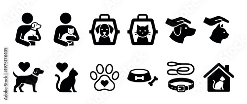 Pet care icons and animal symbols depicting dogs, cats, and related accessories for veterinary, adoption, and pet services.