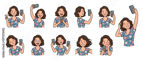 Young woman taking selfies with her smartphone, showing various happy expressions and poses, capturing moments of joy and connection.