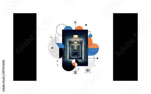 abandoned asylum hallway lights with geometric circles semicircles and symbolic shapes, black and white decaying corridor illuminated by hanging lamps with