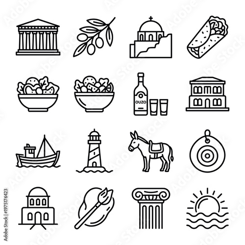 Greek culture icons set featuring traditional symbols like ancient temples, food, drinks, and landmarks in line art style.
