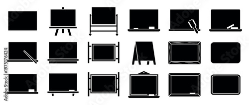 Blackboard chalkboard easel school board icons set with various shapes and accessories for education and presentation concepts.