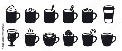 Coffee cups hot drinks beverage icons featuring various styles of mugs, latte art, whipped cream, marshmallows, and a take-away cup.