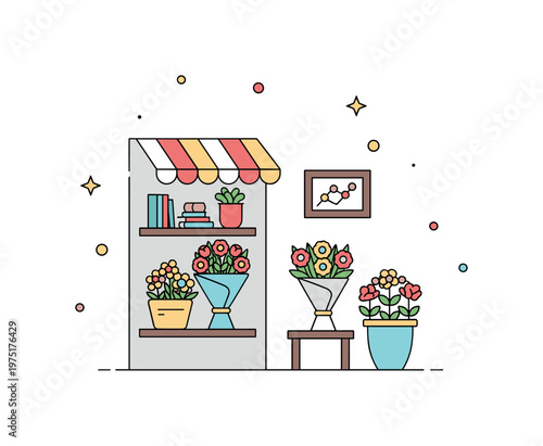 Cozy floral corner a small shop scene with bouquets and a soft inviting look created by simple shapes and gentle accents. A warm and friendly visual of local