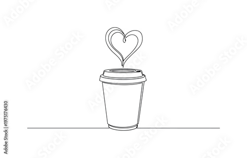 Takeaway Coffee with Heart Vapor. Minimalistic one-line drawing takeaway coffee cup with lid and heart-shaped steam floating above, continuous single black