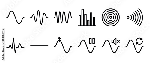 Waveform icons set depicting sound, frequency, vibration, and audio signal concepts for digital interfaces and technology.