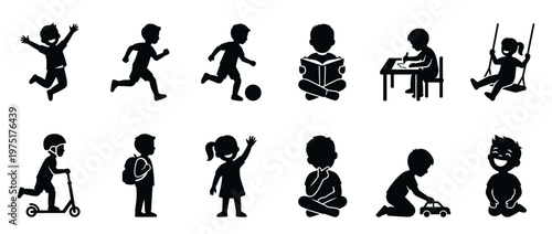 Children silhouettes engaged in various activities like playing, learning, and being active, representing diverse aspects of childhood development and fun.